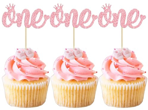 Gyufise 24 Pack One Cupcake Toppers Pink Glitter Baby First Birthday Party Cupcake Food Picks Decorations for Baby Shower Boys Girls Kids 1st Birthday Party Cake Decorations Supplies