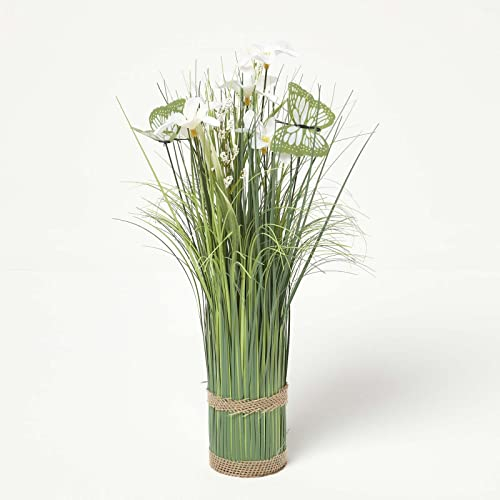HOMESCAPES Plante Artificielle Herbes folles avec Fleurs et Papillons Blancs, Fagot d’Herbes artificielles avec Fleurs, Hauteur 35 cm