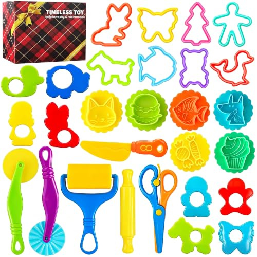 29PCS Play Dough Tools Set, Kids Clay Molds Kit with Animal Letters Numbers Cutters Rollers Storage Box, Non-Toxic ASTM F963 Certified, Toys for Toddlers Boys Girls Ages 3-8