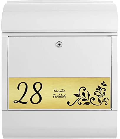 banjado Briefkasten personalisiert mit graviertem Namensschild in Gold - Wandbriefkasten Weiß - Postkasten mit Hausnummer, Namen & Motiv WT Blaues Ornament - Briefkasten mit Zeitungsfach