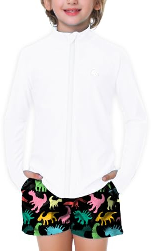AOBUTE Rashguard unisexe pour enfants avec fermeture éclair UPF 50+ Protection UV avec trou pour le pouce 3-12 ans, blanc, 7-8 Ans