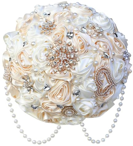Gkvszy Ivory and Champagne Bridal Wedding Bouquet with Rhinestone Brooch Pearl String Cascade Bouquet for Bride Bridesmaid Quinceanera Satin Rose Flower Bouquet Wedding Champagne and Ivory 8.7in