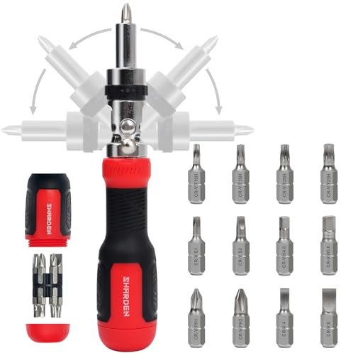 SHARDEN Ratcheting Screwdriver 13-in-1 Multibit Screwdriver All in One Screwdriver Set with Phillips, Flat Head, Torx Security, Hex, Robertson, 180 Degree Pivoting Adjustable Angled Screw Driver Set