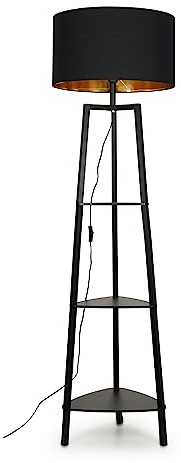 MiniSun | Black Wooden 3 Tier Floor Lamp with Storage Shelves with a Black/Gold Shade | Floor Lamps & Torchieres, Home Décor & Improvement Essential | Includes 6W GLS Bulb