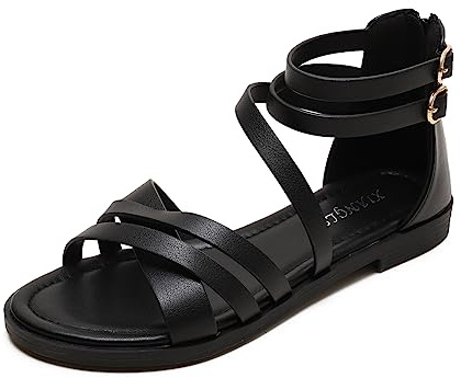 AUXDIQ Donna Sandali piatti Strappy Sandali con cinturino alla caviglia Tacco basso Sandali estivi romani regolabili nero 40 EU