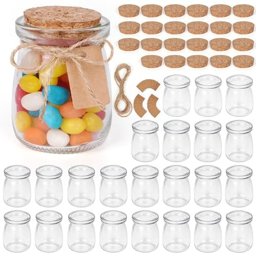 Winter Shore 100 ml Små Glasburkar & Korklock [24-Pack] - Livsmedelssäkra Glasflaskor med Kork, Snöre & Etiketter för Godis, Yoghurt, Honung, Ljus - Gåvuburkar med Lock till Fest-/Bröllopsgäster