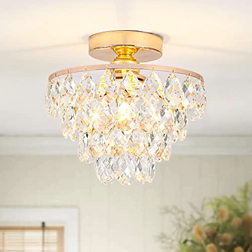 ZenithBeam Mini Lustre En Cristal Plafonnier Petit, Plafonnier En Cristal Moderne Pour Couloir Plafonniers Lustrer En Encastré Pour Chambre Hall Salon (Or)