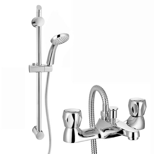 ENKI, Quest, BBT0261, Chrome, Bath Shower Mixer Taps with Slider Rail Shower Attachment, Solid Brass, Easy Clean, Modern Design, Compression Valves, Easy to Install, 1-Year Guarantee