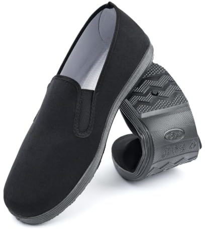Chinese Style Slippers Kung Fu Tai Chi Old Beijing Martial Arts Shoes,Canvas Rubber Sole Unisex All Black Size Men 9/Women 10