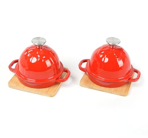 HAWOK Enameled Cast Iron Garlic Roaster with Bamboo Tray, 5-Inch, BBQ Grill Garlic Baker, Mini Cocotte, Set of 2, Red