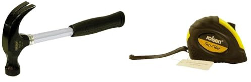 Rolson 10339 16 oz Claw Hammer Tubular Steel, Silver Black & 50535 5 m x 19 mm Tape Measure, Yellow & Black
