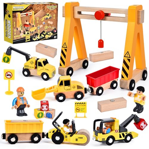 Herenear Baufahrzeuge Kinder Holzspielzeug, Baustelle Kinder, Holz Konstruktions Fahrzeuge Geschenk, Baukästen aus Holz mit Portalkran, Kranwagen, Straßenwalze, Kran, Bagger Spielzeug