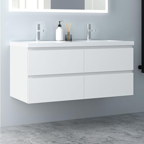 Biubiubath Badezimmermöbel 120cm Mineralguss Waschtisch mit Unterschrank Badmöbel Set Badezimmerschränke mit 4 Soft-Close Schubladen Weiß Matt