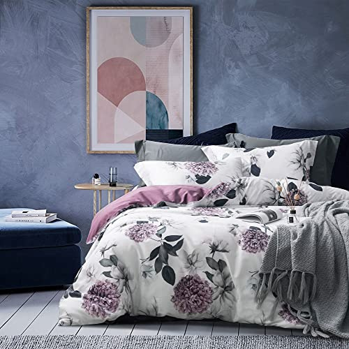 MILDLY Parure da letto, 220 x 240 cm, cotone, motivo di ortensie viola, 100% cotone lavato, struttura in lino, Öko-TEX, motivo floreale tropicale, 2 federe, Queen (European), 3 pezzi
