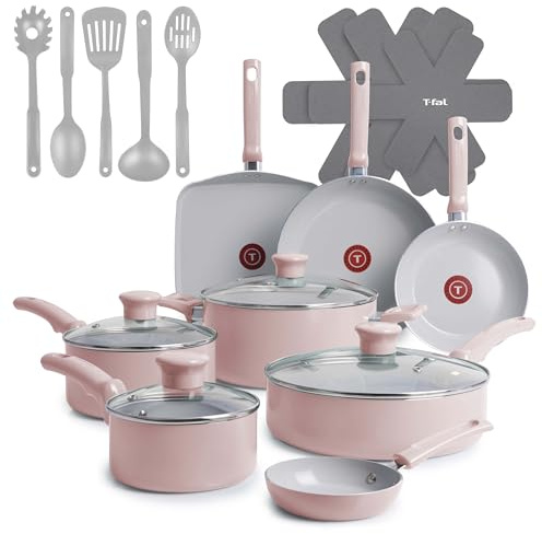 T-fal Refresh - Juego de utensilios de cocina de cerámica antiadherente, 20 piezas, aptos para horno, 350 F, rosa polvorienta