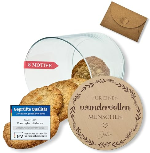 Vorratsgläser Mit Gravur Und Holzdeckel – Kleine Keksdose Für Dankeschön Geschenke (Design 1, 530ml)
