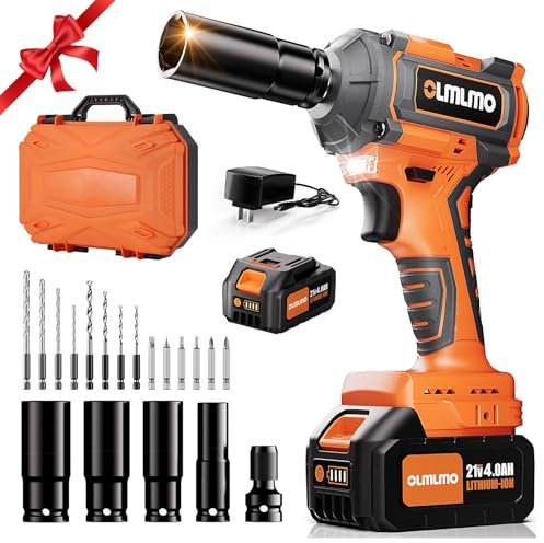 olmlmo 295Ft-lbs/400N.m Akku Schlagschrauber 1/2 Zoll, Bürstenloser mit 4.0Ah Akku, Schnellladegerät, 4 Stecknüsse, 8 Bohrer, 6 Bits, Aufbewahrungsbox, variable Geschwindigkeiten, für Auto Haushalt