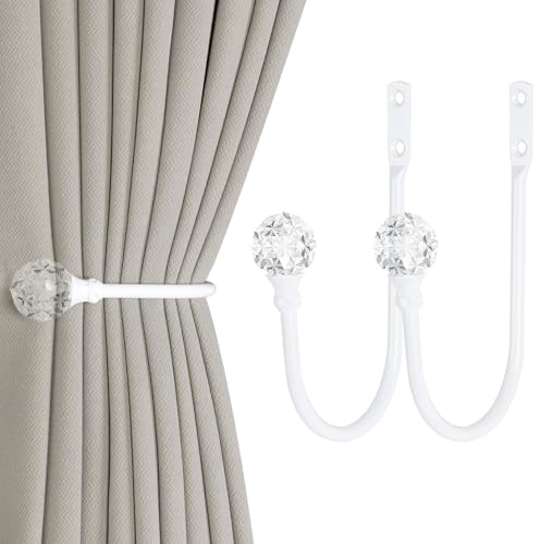 2 Stück robuste U-förmige Metall-Vorhanghalter Vorhang-Raffhalter Haken mit transparenter Kristallkugel-Raffhaltern für Vorhänge (2, Weiß)
