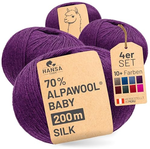 HANSA-FARM |Alpawool 70% Baby Alpaka mit 30% Seide 200g Set (4 x 50g) seidige und kratzfreie Wolle zum Stricken & Häkeln - CF205 Lila