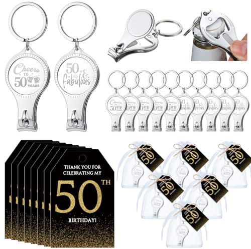 Zeyune 30 Sets 50th Birthday Party Favors for Guests Beer Bottle Opener Nail Clippers Keychains Bulk Thank You Cards with Organza Gift Bags for Birthday Anniversary Souvenirs Return Gifts
