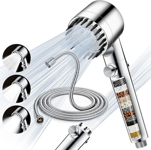 Pommeau de Douche Anti Calcaire avec 15 Étapes Filtre et Tuyau 2M Pomme de Douche Économie D'eau Haute Pression Douchette Douche Salle de Bain Filtrant avec 3+1 Types de Jets et Bouton D'arrêt(Argent)