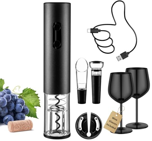 Electric Wine Opener Set Rechargeable, Automatic Corkscrew Set, Including Black Metal Wine Glasses of 2, Stainless Steel Wine Goblet, Ideal Gift for Wedding, Wine Lover, Birthday, Girl, Men