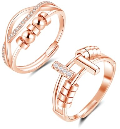 Deyanse Silber Anxiety Ringe, 2PCS 925 Sterling Silber Anti-Stress Ringe Set, Hypoallergen Angst Ring mit Perlen, Offen Einstellbar Fidget Ring Set, Zirkonia Stimmungsringe für Damen Herren Unisex