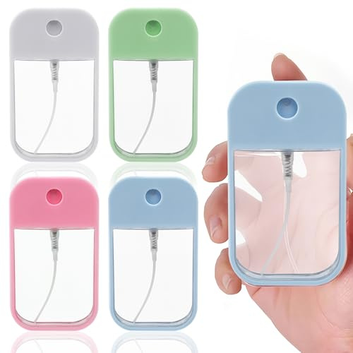 Pretwad 4 Stück 45 ml transparente Reise-Sprühflaschen, mehrfarbige tragbare Karton-Sprühflaschen, leere Parfümzerstäuberfläschchen aus Kunststoff, geeignet für Parfüm, Feuchtigkeitswasser