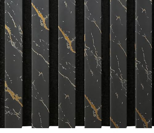 Be-Creative Stylish Acoustic Slatted Wall Panel 240×60 cm – Black & Gold Marble Finish | Premium Sound-Absorbing Slat for Decorative Walls & Ceilings | Fire-Rated Acoustic Decor