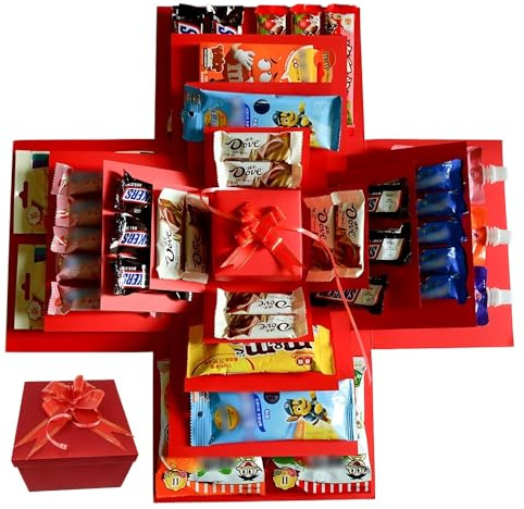DIY Explosion Gift Box,5 Layer Snack Explosion Box, Creative Explosion Box with tape and ribbon, Handmade Surprise Boxes for Birthdays, Christmas, Valentine's Day, Anniversaries (Red)