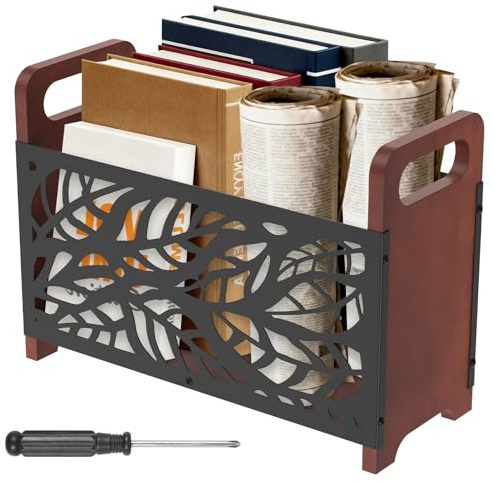 Portariviste in legno per pavimento con manico, 33 × 13 × 23,5 cm, portariviste in stile country, porta documenti decorativi per riviste, libri, giornali (fogli)