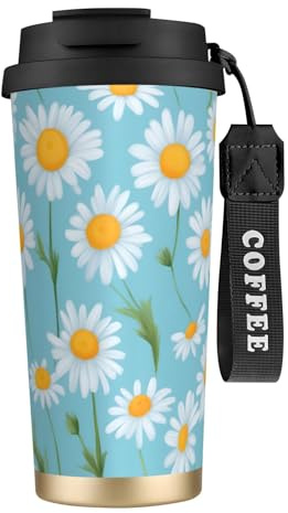 XTYGETY Taza de viaje de acero inoxidable con diseño de crisantemo blanco con fondo azul claro, taza de café aislada para bebidas calientes y frías