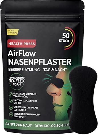Health Press® Näsplåster svart 50 stycken – snarkstopp och anti-snarkning nästrips, bättre andning dag och natt, extra innehåll för sport, näsremsor rundade