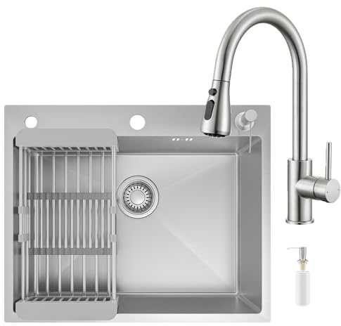 CECIPA Fregadero de cocina negro y gris, 60 × 49 × 20 cm, acero inoxidable con sifón y rebosadero, fregadero de cocina con dispensador de jabón y escurridor, apto para armarios bajos a partir de 61 cm