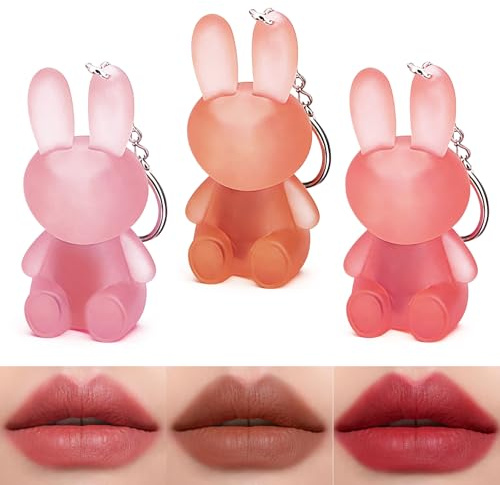 Set de 3 brillos labiales mate, bonito set de labiales líquidos mate con forma de conejo, llavero 2 en 1, color de labios para mujeres y niñas.