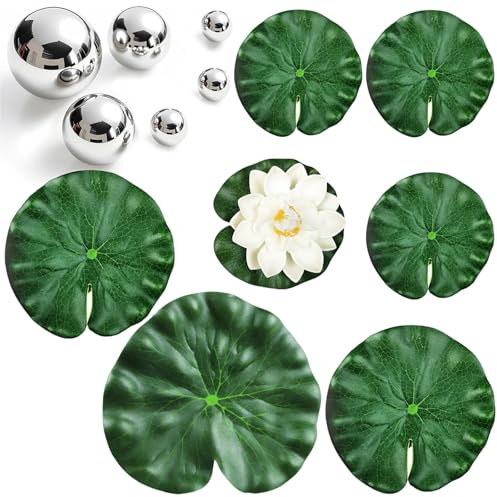 YANJINGHE Miniteich Deko Set, mit 6 Schwimmkugeln für Miniteich, 2 Lotusblüte, 6 Schwimmend Lotusblätter, für MiniteichTerrassenteich Zinkwannen Solarbrunnen Garten Balkon Teiche Deko