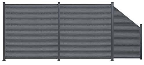MinteChill WPC Sichtschutzzaun mit Querstreifen Schrägelement 446x185cm | Gartenzaun Anthrazit mit Aluminiumpfosten, Komplett Zaunset, Lamellenzaun, Windschutz, B 273-619 x H 185 cm