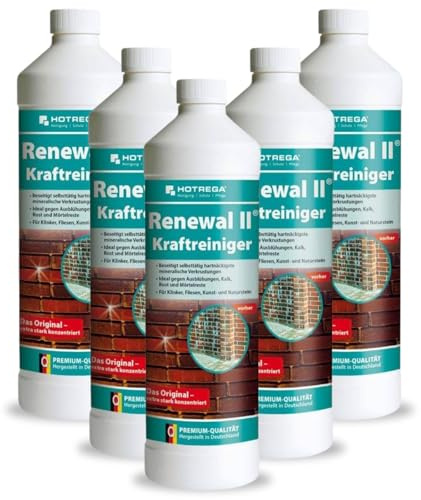 HOTREGA Renewal II Kraftreiniger Konzentrat 5x 1L | Zementschleierentferner | Löst Kalk, Rost, Mörtelreste | Für säurefeste Fliesen, Klinker, Natur- & Kunststein | Hochwirksam im Außenbereich