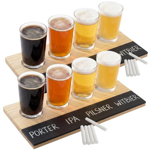 D'Eco Probierbretter für Bierverkostungen, 2 Stück, Set enthält acht 170 ml Pilsner Craft Brew Gläser und 2 Holzpaddel mit Kreidetafeln, ideal für Fußballspiele und Verabredungen, Geschenk für Ihn