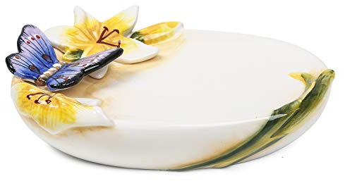 FORLONG Ceramic Soap Dish Holder, for Bathroom,Tub and Kitchen Sink，3D Butterfly and Lily Design