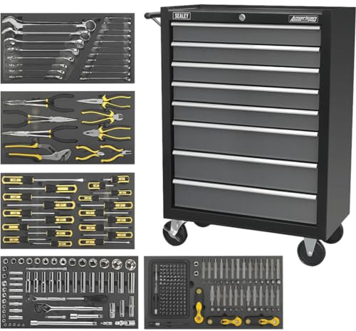 Sealey American PRO® Rollcab 8 Drawer with Ball-Bearing Slides - Black/Grey & 145pc Tool Kit - AP35TBCOMBO3