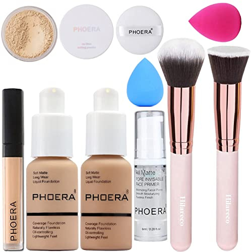 PHOERA Foundation,PHOERA Primer, PHOERA Puder,PHOERA Abdeckstift Concealer Cover Flüssigmatt Full Coverage, Make Up Foundation Pinsel and Puder Pinsel, Make up Schwamm (2 PCS #101 Porcelain)