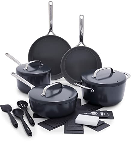 GreenPan GP5 Hard Anodized Healthy Ceramic Nonstick 14 Piece Cookware Pots and Pans Set,Heavy Gauge Scratch Resistant,Stay-Flat Surface, Induction, Mirror Finish Handle,Oven Safe,PFAS-Free,Slate