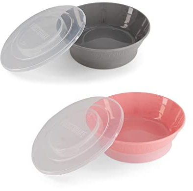 Twistshake 2x Barnskål Med Lock | BPA-fri Babyskål | Matskål För Barn | Träningsskål För Barn | Matskål Bebis | Bebis Frukostskål | Grå Rosa