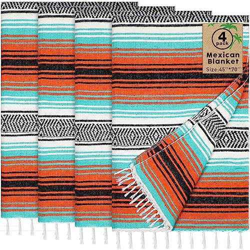 Oudain 4 Pack Mexican Blankets 45 x 70 Inch Cotton Woven Serape Throw Blanket, Baja Yoga Blanket for Beach Picnic Camping Boho Couch Decor Travel Outdoor (Delicate Color)