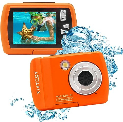 Aquapix W2024 'Splash' Unterwasserkamera, Wasserfest bis 3m, 2.4 Display, Auflösung bis 16 MP, 8x Digital-Zoom, 5MP Sensor, Orange
