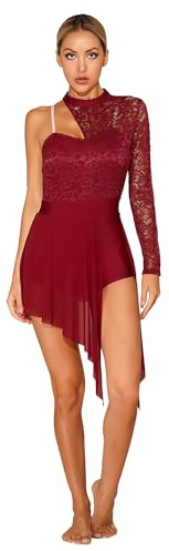 TTAO Damen Eiskunstlauf Kleid Langarm Mesh Spitze Patchwork Tanzkleider Elegant Tanzbody mit Gefaltet Röckchen Wettbewerb Tanzbekleidung Burgundy S
