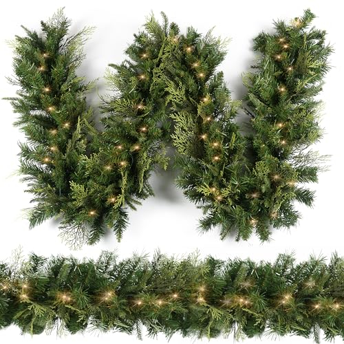 Christmas Garland with 50 Lights 2.7M, Prelit Xnas Garland with Cypress Leaf, Battery Operated Christmas Decor for Mantle Staircase Indoor and Outdoor