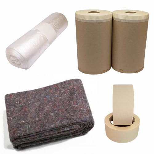 KOUSEL Rollo de plástico protector cubretodo 4M x 25M, Manta fieltro cubresuelos 1x5mts Cinta 36mmx45m (2Unds) Papel con cinta 15cmx45m (2Unds). KIT TAPADO PINTOR