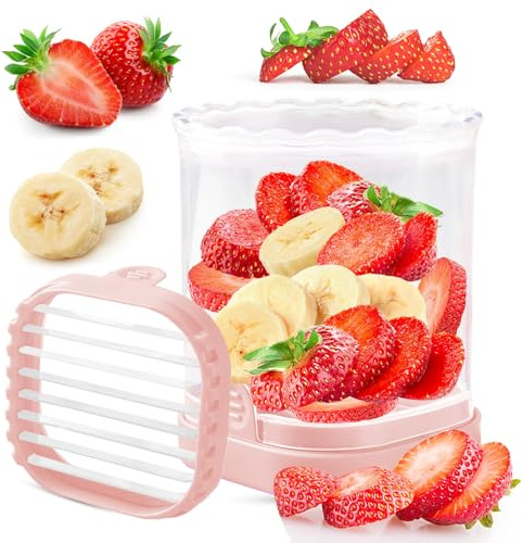 COKSDUPID Fruit Slicer Cup | Strawberry, Grape, Banana, Kiwi, Mushroom, Egg Slicer | Detachable 8-Blade Stainless Steel Blade | Pink ABS Body with Push Plate | Dishwasher Safe